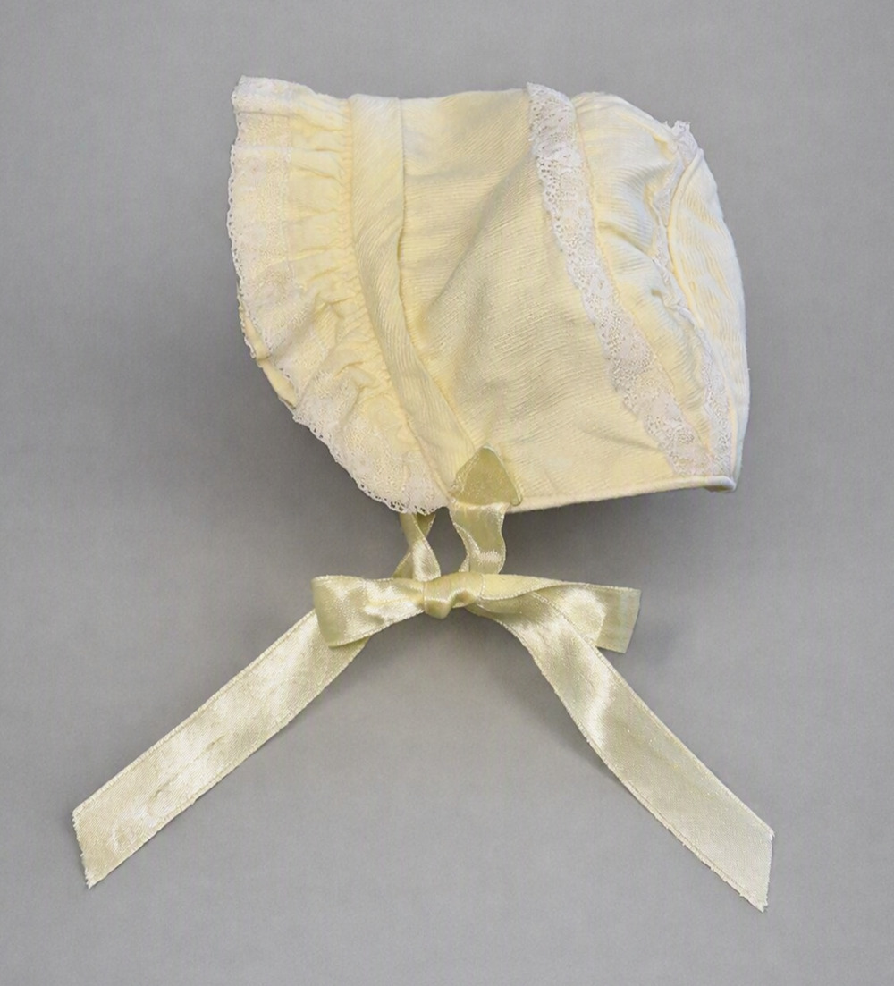 Vintage 1960s Baby Bonnet Yellow Lace Ribbon Infant Hat Heirloom Nursery Decor